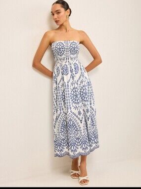Commense White and Blue Strapless Midi Dress